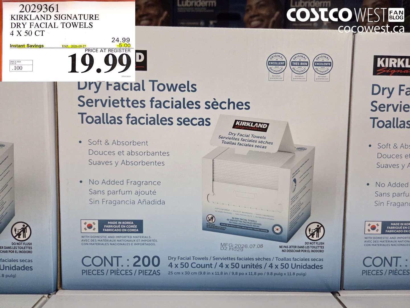 2029361 KIRKLAND SIGNATURE DRY FACIAL TOWELS 4 X 50 CT ($5.00 INSTANT SAVINGS EXPIRES ON 2026-09-27) $19.99