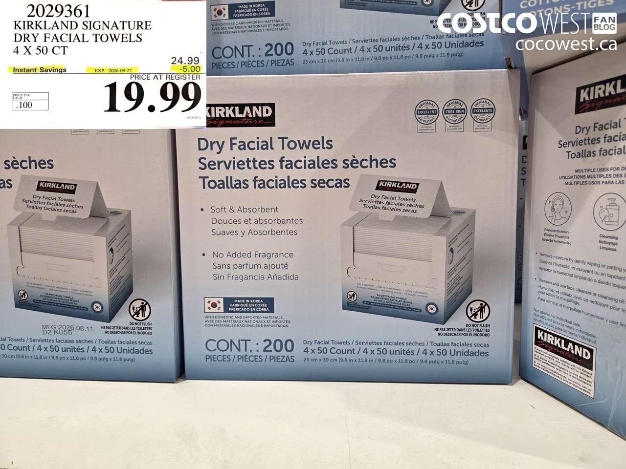 2029361 KIRKLAND SIGNATURE DRY FACIAL TOWELS 4 X 50 CT ($5.00 INSTANT SAVINGS EXPIRES ON 2026-09-27) $19.99