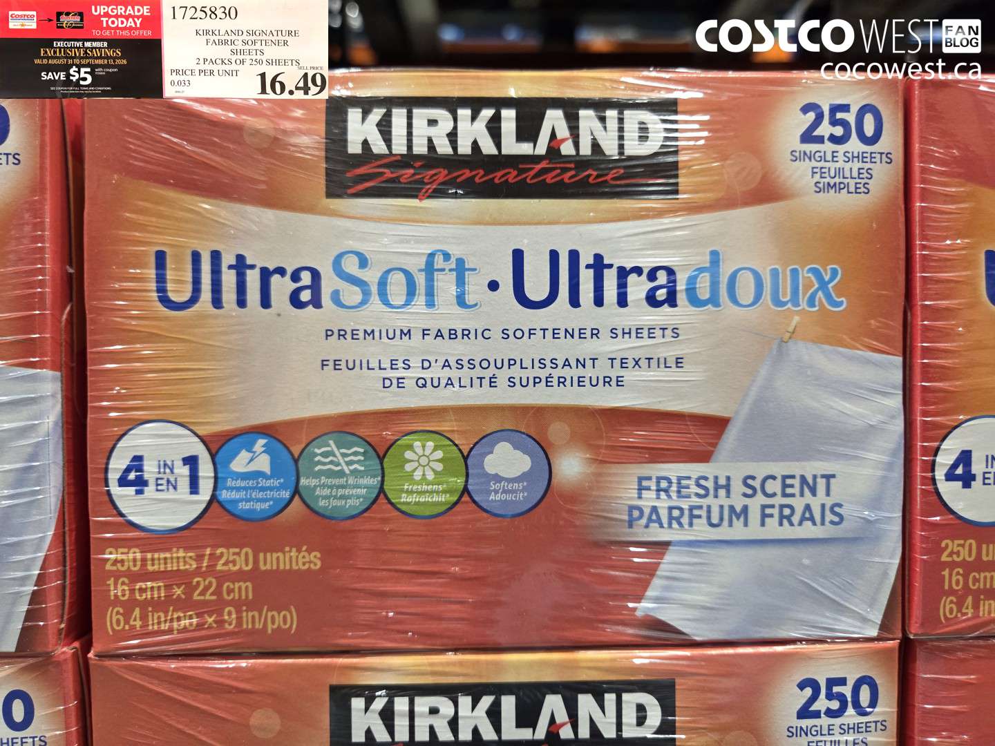 1725830 KIRKLAND SIGNATURE FABRIC SOFTENER SHEETS 2 PACKS OF 250 SHEETS ($5.00 INSTANT SAVINGS EXPIRES ON 2026-09-13) $16.49