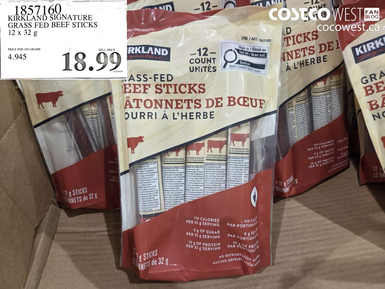 1857160 KIRKLAND SIGNATURE GRASS FED BEEF STICKS 12 X 32 G $18.99