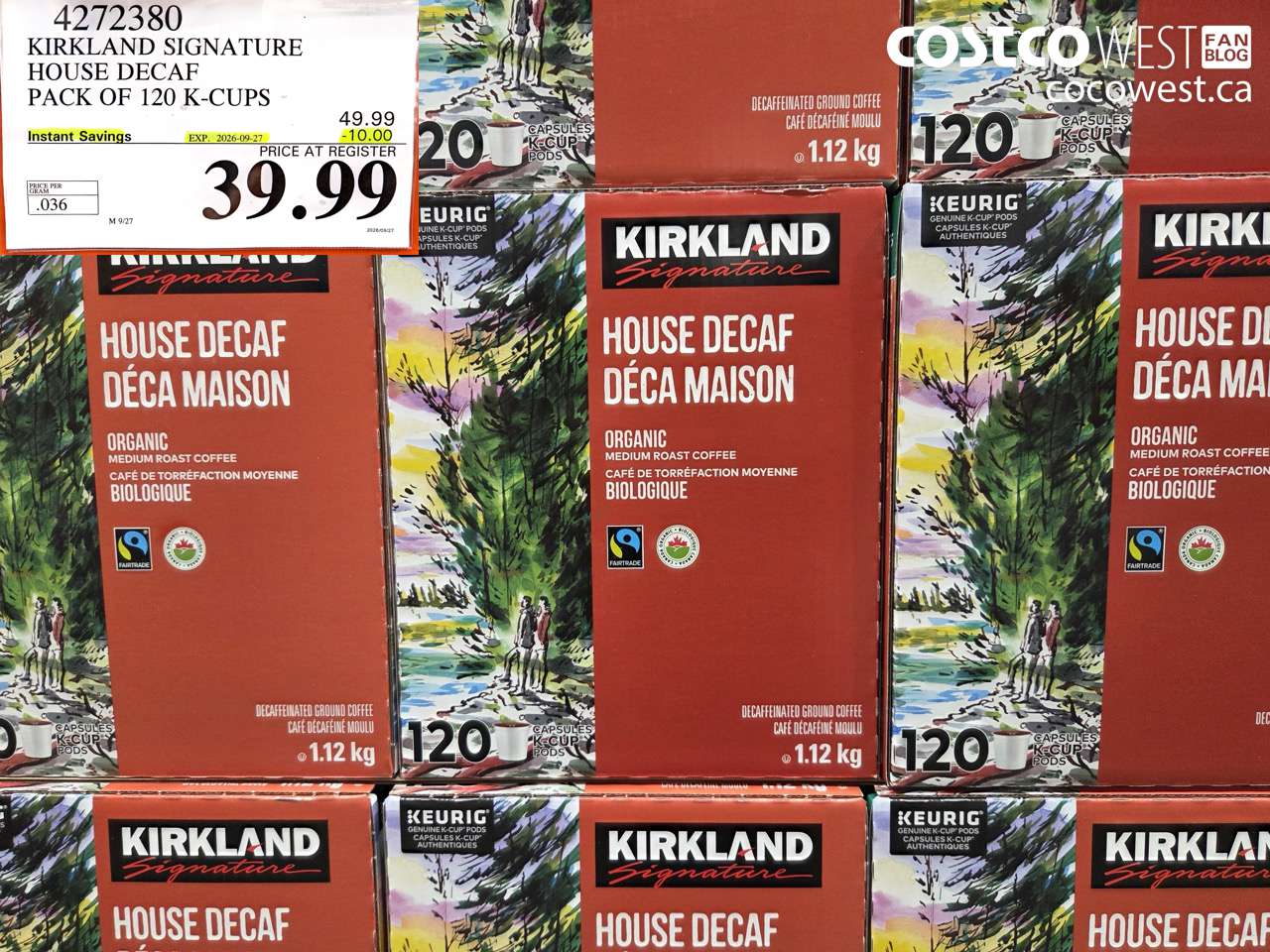 4272380 KIRKLAND SIGNATURE HOUSE DECAF PACK OF 120 K-CUPS ($10.00 INSTANT SAVINGS EXPIRES ON 2026-09-27) $39.99