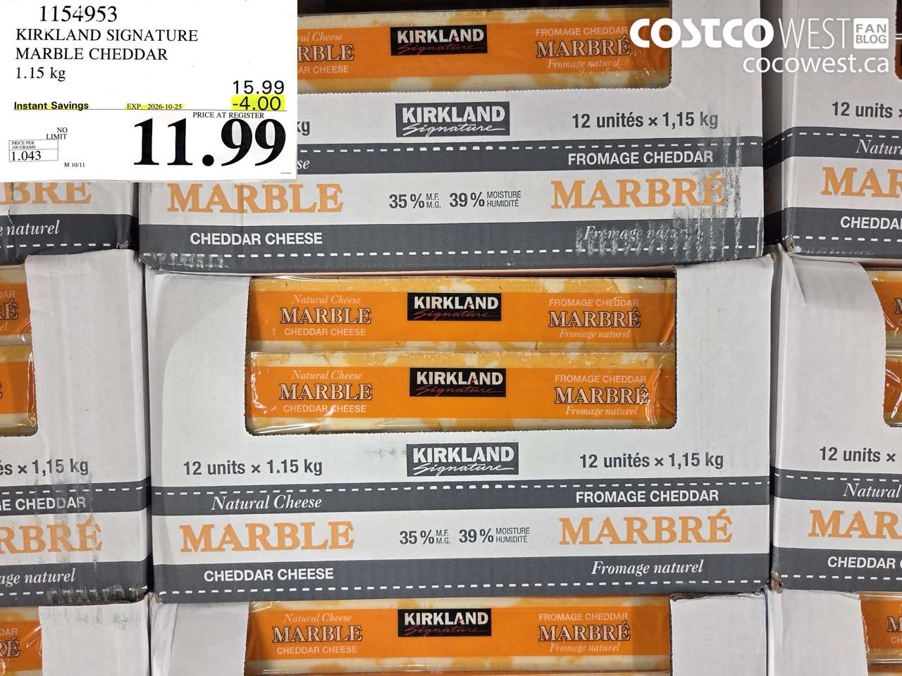 1154953 KIRKLAND SIGNATURE MARBLE CHEDDAR 1.15 KG ($4.00 INSTANT SAVINGS EXPIRES ON 2026-10-25) $11.99