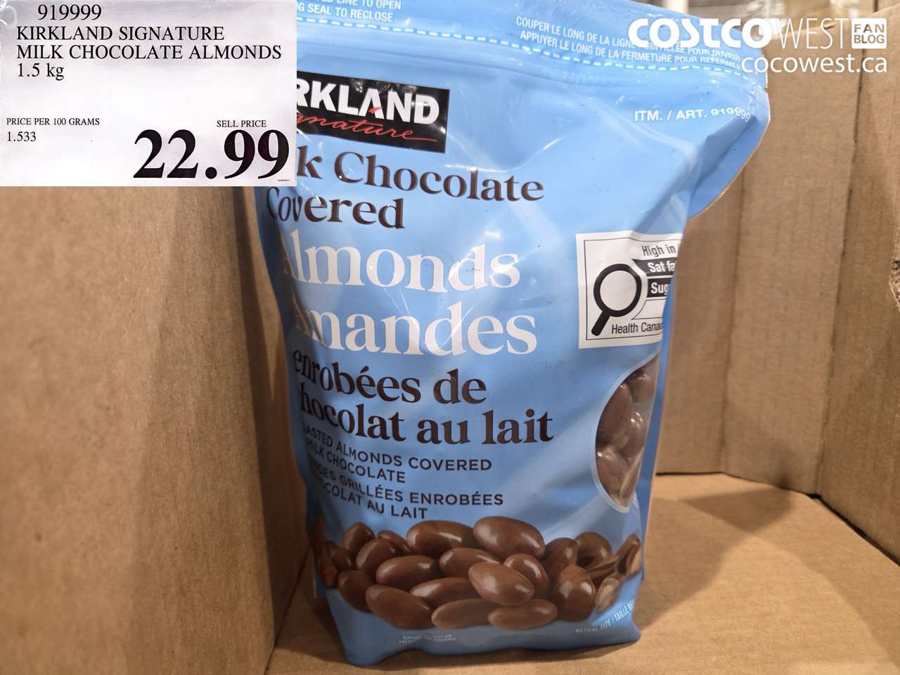 919999 KIRKLAND SIGNATURE MILK CHOCOLATE ALMONDS 1.5 KG $22.99