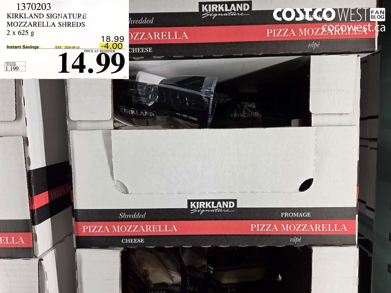 1370203 KIRKLAND SIGNATURE MOZZARELLA SHREDS 2 X 625 G ($4.00 INSTANT SAVINGS EXPIRES ON 2026-09-13) $14.99