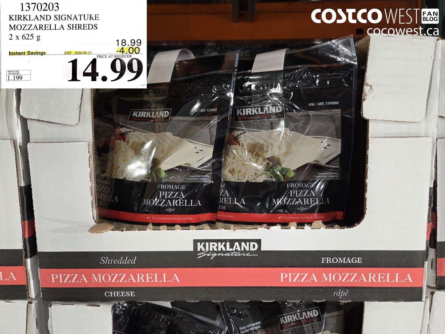 1370203 KIRKLAND SIGNATURE MOZZARELLA SHREDS 2 X 625 G ($4.00 INSTANT SAVINGS EXPIRES ON 2026-09-13) $14.99