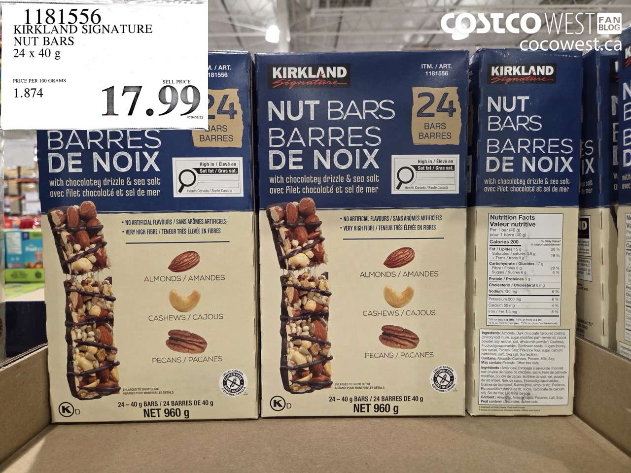 1181556 KIRKLAND SIGNATURE NUT BARS 24 X 40 G $17.99
