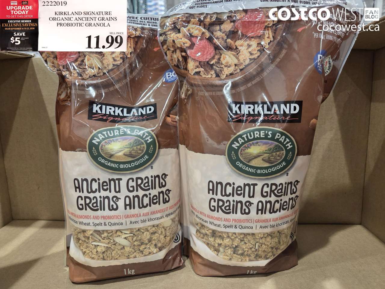 2222019 KIRKLAND SIGNATURE ORGANIC ANCIENT GRAINS PROBIOTIC GRANOLA ($5.00 INSTANT SAVINGS EXPIRES ON 2026-09-27) $6.99