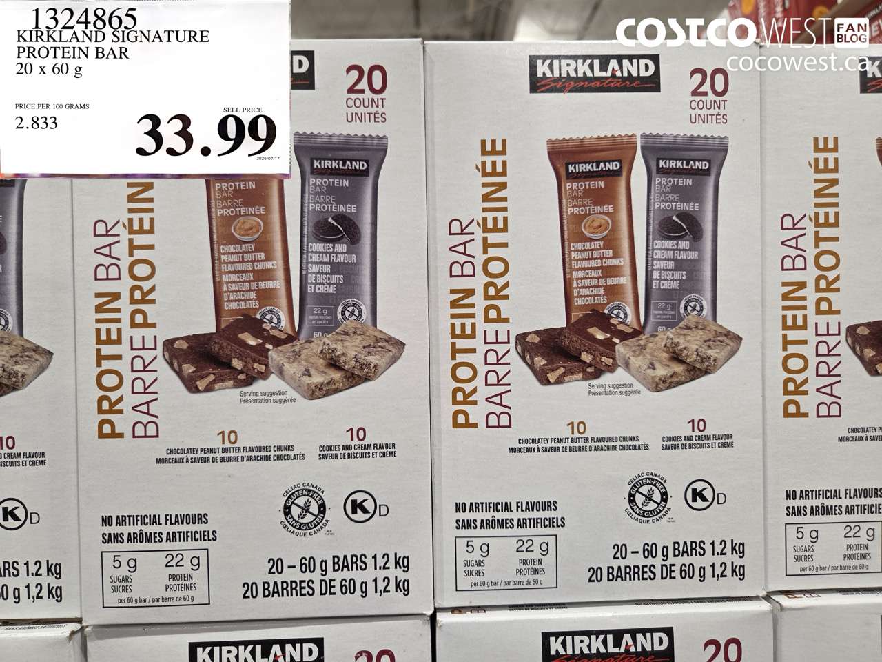 1324865 KIRKLAND SIGNATURE PROTEIN BAR 20 X 60 G $33.99