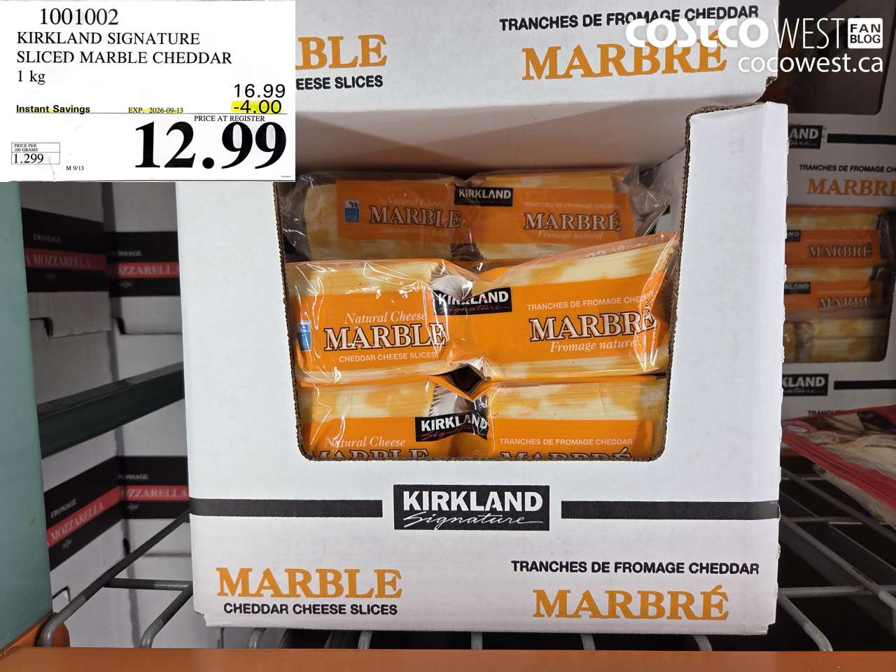 1001002 KIRKLAND SIGNATURE SLICED MARBLE CHEDDAR 1 KG ($4.00 INSTANT SAVINGS EXPIRES ON 2026-09-13) $12.99