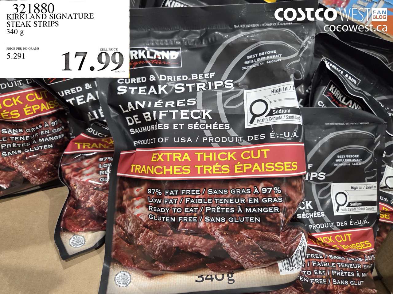 321880 KIRKLAND SIGNATURE STEAK STRIPS 340 G $17.99