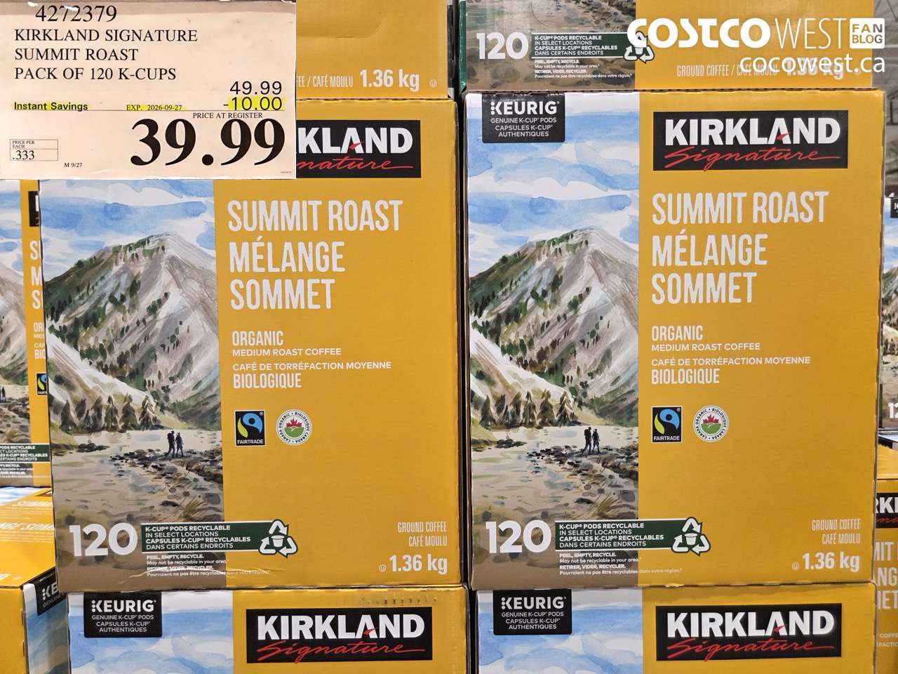 4272379 KIRKLAND SIGNATURE SUMMIT ROAST PACK OF 120 K-CUPS ($10.00 INSTANT SAVINGS EXPIRES ON 2026-09-27) $39.99