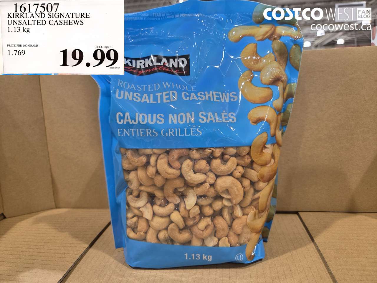 1617507 KIRKLAND SIGNATURE UNSALTED CASHEWS 1.13 KG $19.99