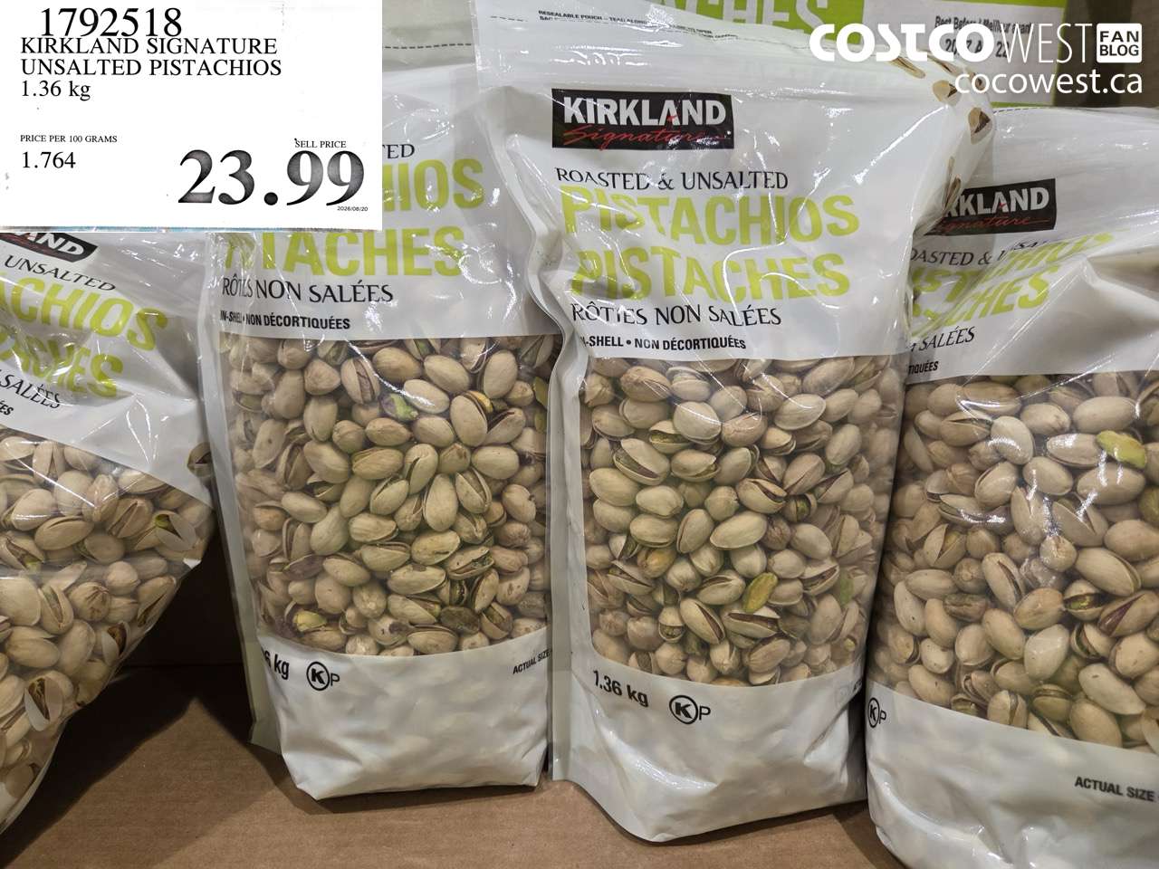 1792518 KIRKLAND SIGNATURE UNSALTED PISTACHIOS 1.36 KG $23.99