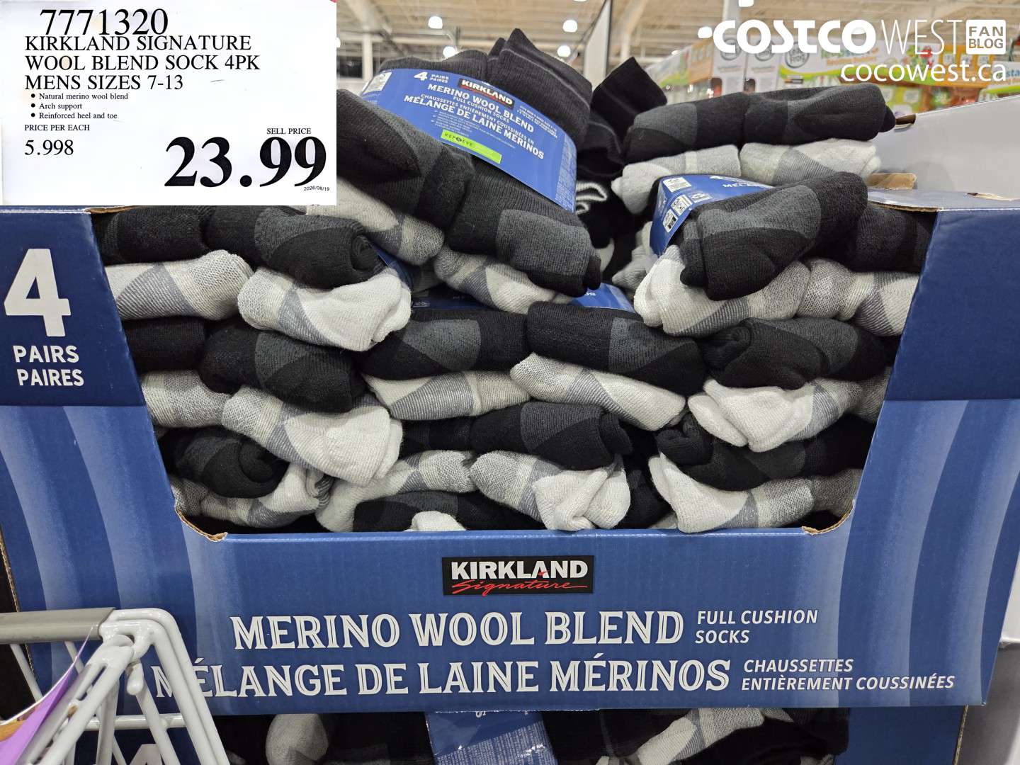 7771320 KIRKLAND SIGNATURE WOOL BLEND SOCK 4PK MENS SIZES 7-13 $23.99
