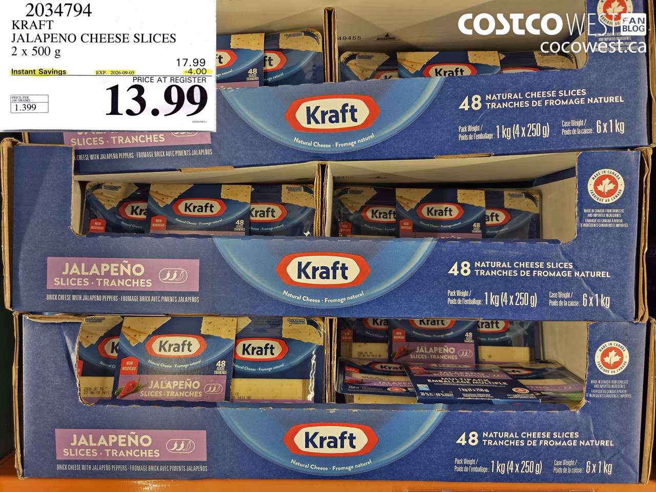 2034794 KRAFT JALAPENO CHEESE SLICES 2 X 500 G ($4.00 INSTANT SAVINGS EXPIRES ON 2026-09-05) $13.99