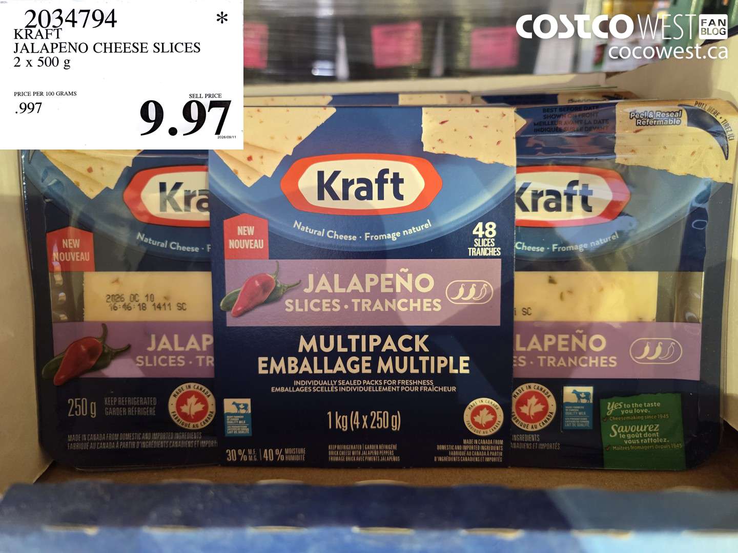 2034794 KRAFT JALAPENO CHEESE SLICES 2 X 500 G $9.97