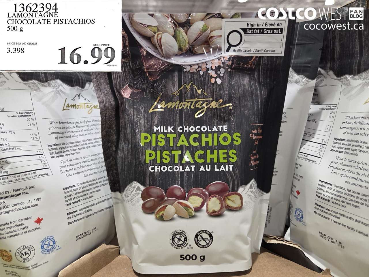 1362394 LAMONTAGNE CHOCOLATE PISTACHIOS 500 G $16.99