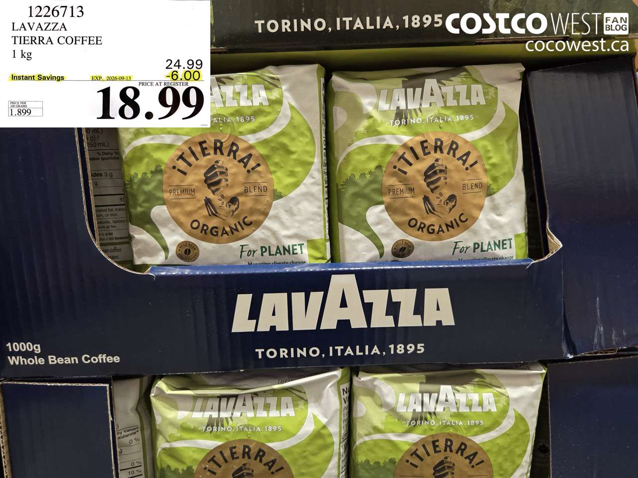 1226713 LAVAZZA TIERRA COFFEE 1 KG ($6.00 INSTANT SAVINGS EXPIRES ON 2026-09-13) $18.99