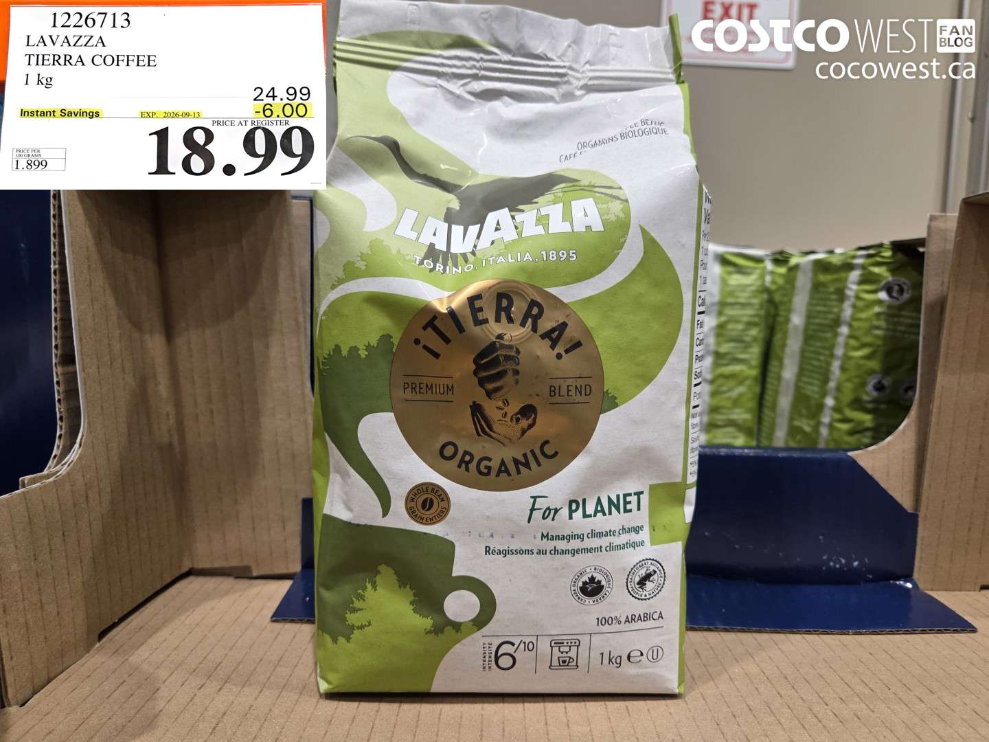 1226713 LAVAZZA TIERRA COFFEE 1 KG ($6.00 INSTANT SAVINGS EXPIRES ON 2026-09-13) $18.99