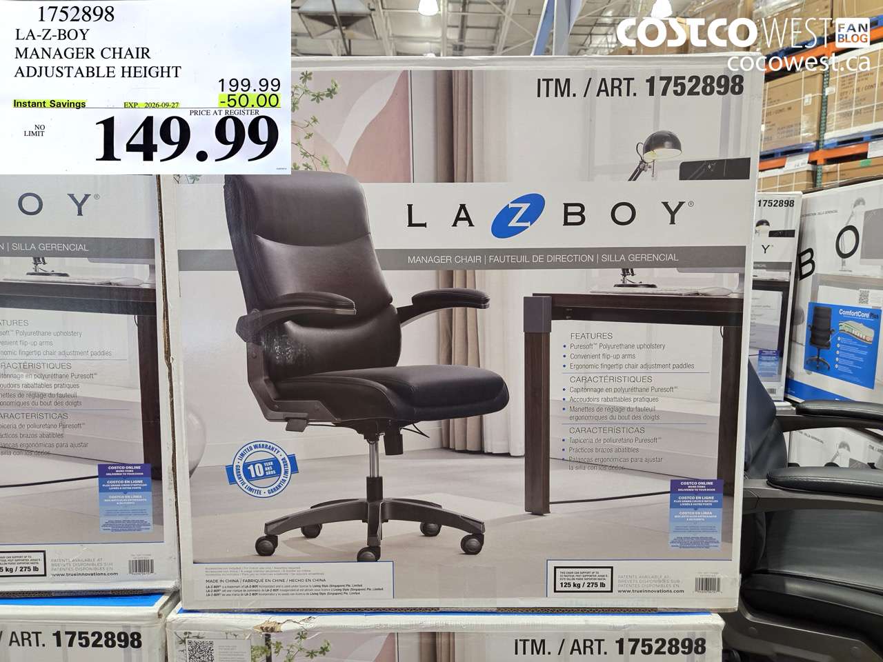 1752898 LA-Z-BOY MANAGER CHAIR ADJUSTABLE HEIGHT ($50.00 INSTANT SAVINGS EXPIRES ON 2026-09-27) $149.99