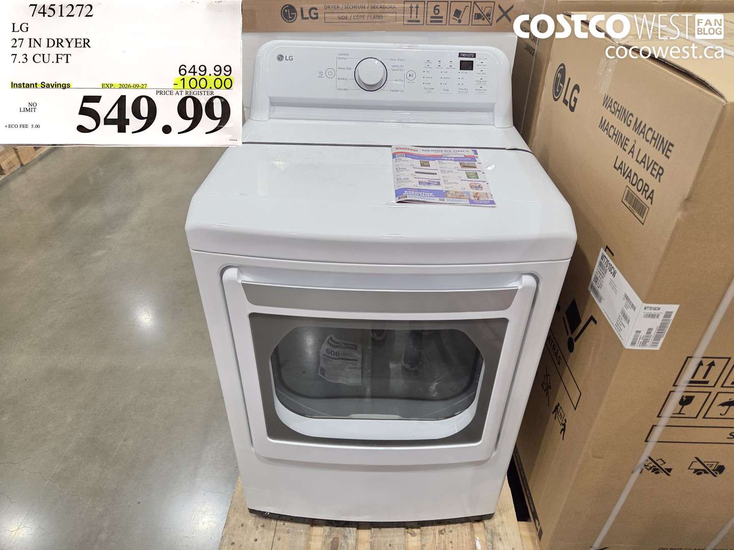 7451272 LG 27 IN DRYER 7.3 CU.FT ($100.00 INSTANT SAVINGS EXPIRES ON 2026-09-27) $549.99