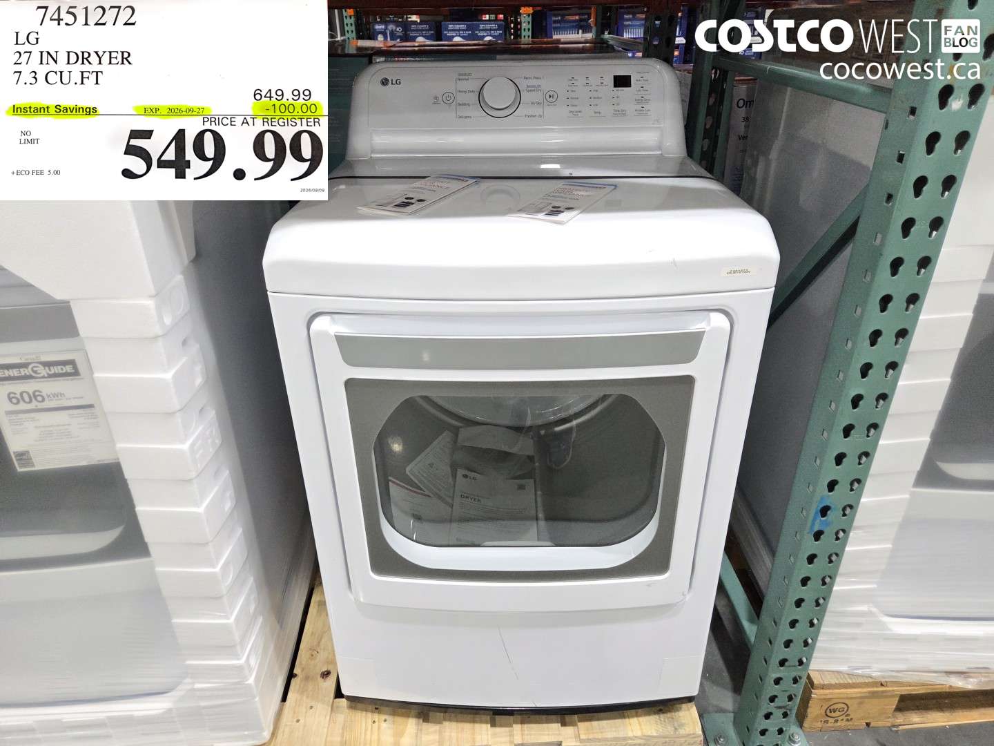 7451272 LG 27 IN DRYER 7.3 CU.FT ($100.00 INSTANT SAVINGS EXPIRES ON 2026-09-27) $549.99