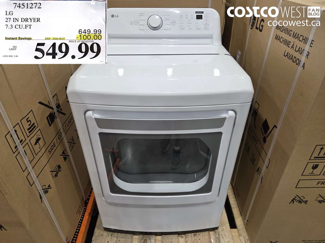 7451272 LG 27 IN DRYER 7.3 CU.FT ($100.00 INSTANT SAVINGS EXPIRES ON 2026-09-27) $549.99