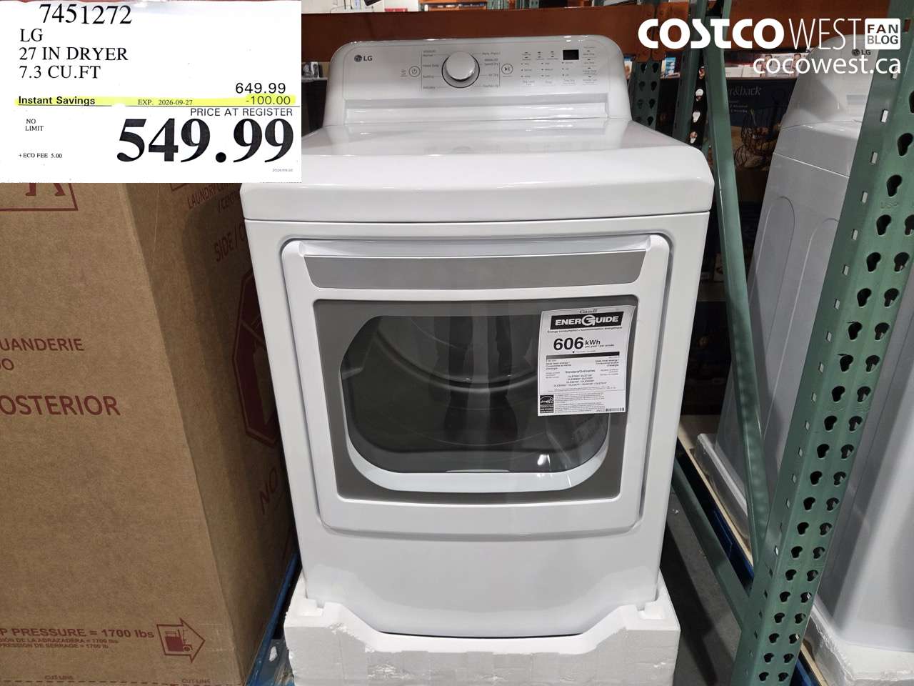 7451272 LG 27 IN DRYER 7.3 CU.FT ($100.00 INSTANT SAVINGS EXPIRES ON 2026-09-27) $549.99