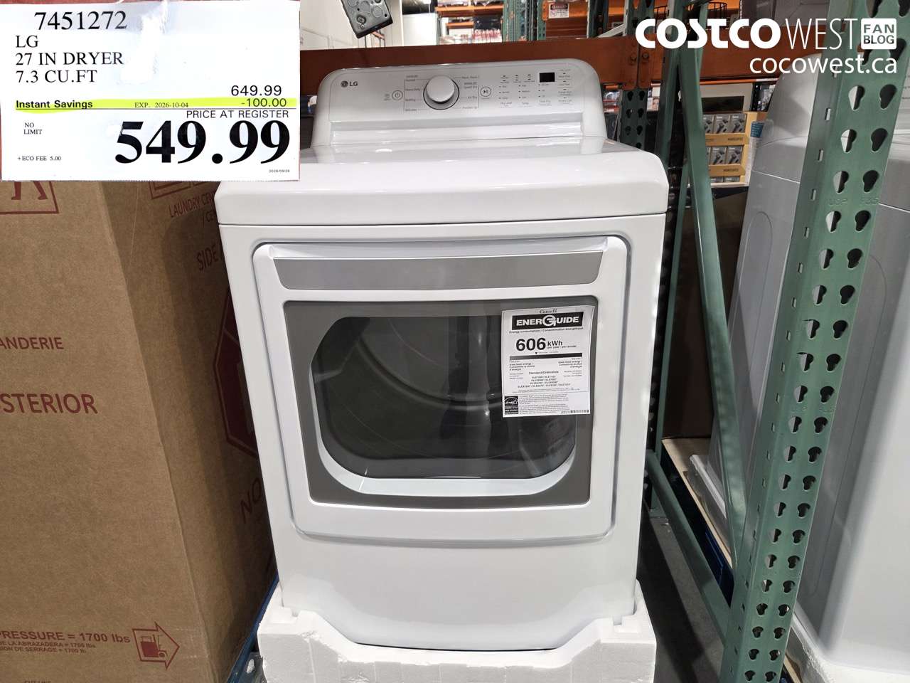 7451272 LG 27 IN DRYER 7.3 CU.FT ($100.00 INSTANT SAVINGS EXPIRES ON 2026-10-04) $549.99