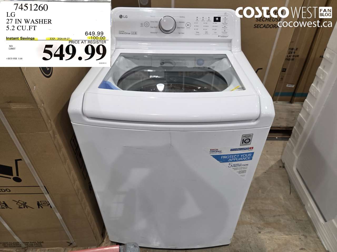 7451260 LG 27 IN WASHER 5.2 CU.FT ($100.00 INSTANT SAVINGS EXPIRES ON 2026-09-27) $549.99