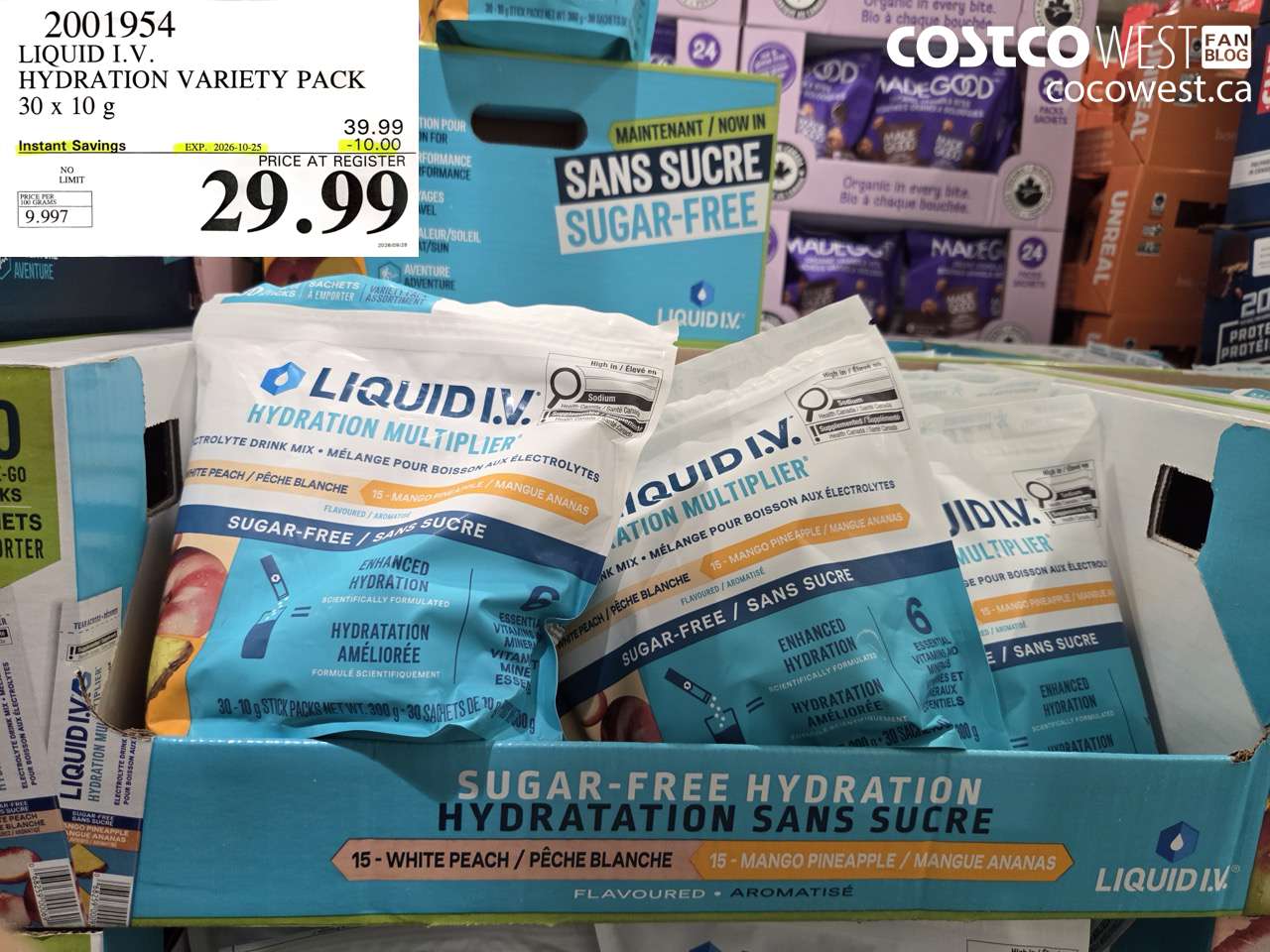 2001954 LIQUID I.V. HYDRATION VARIETY PACK 30 X 10 G ($10.00 INSTANT SAVINGS EXPIRES ON 2026-10-25) $29.99