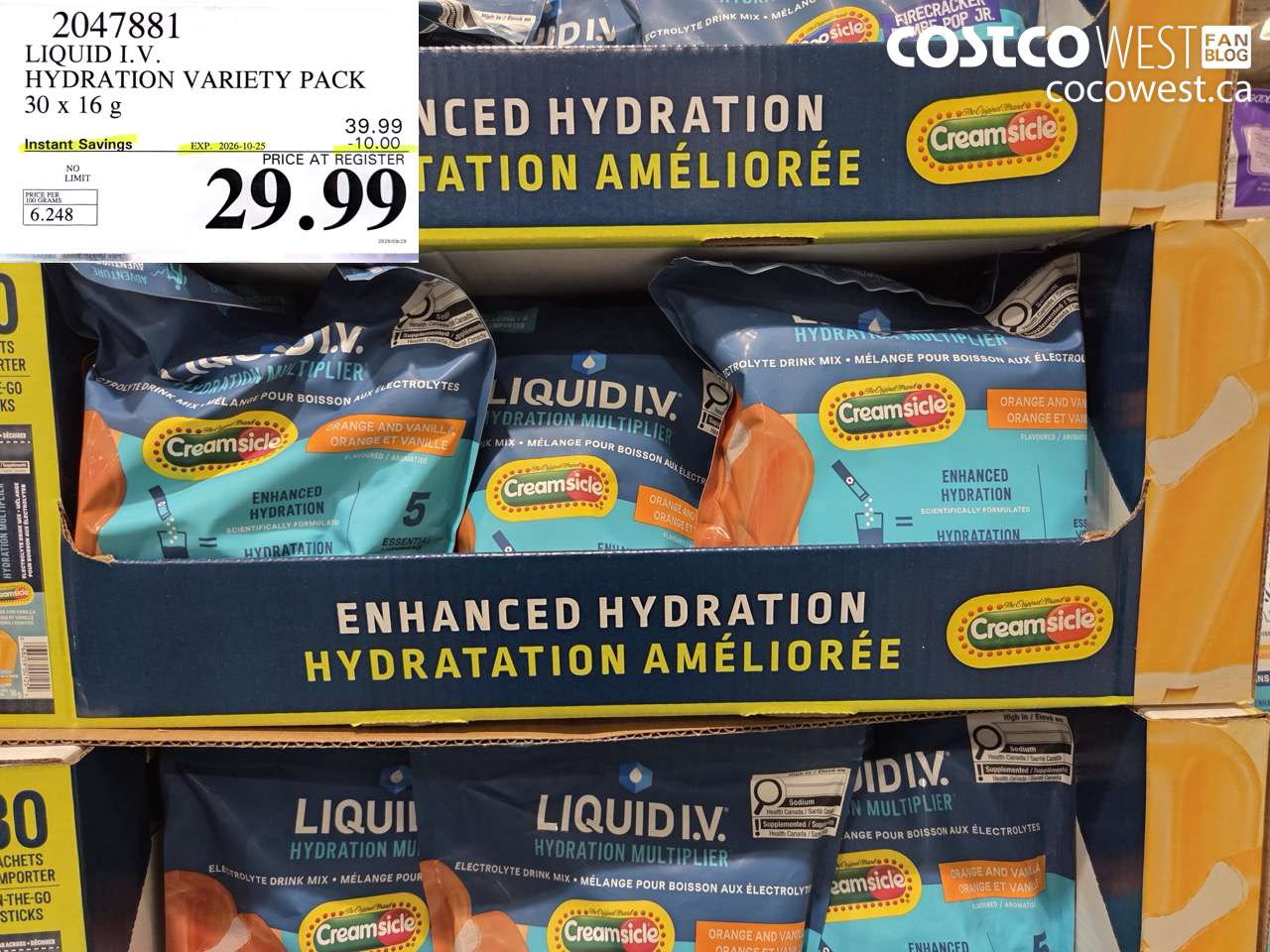 2047881 LIQUID I.V. HYDRATION VARIETY PACK 30 X 16 G ($10.00 INSTANT SAVINGS EXPIRES ON 2026-10-25) $29.99