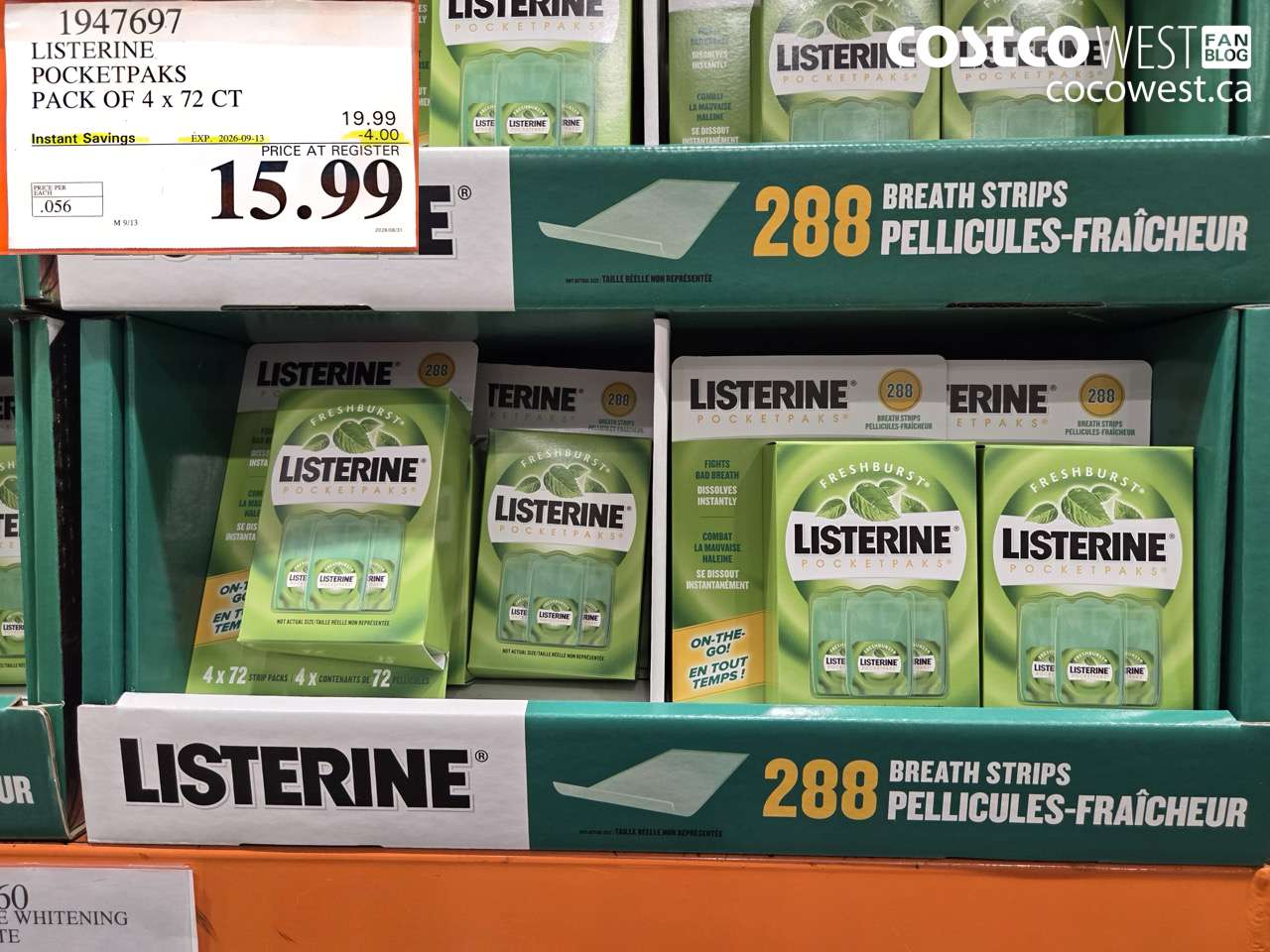 1947697 LISTERINE POCKETPAKS PACK OF 4 X 72 CT ($4.00 INSTANT SAVINGS EXPIRES ON 2026-09-13) $15.99