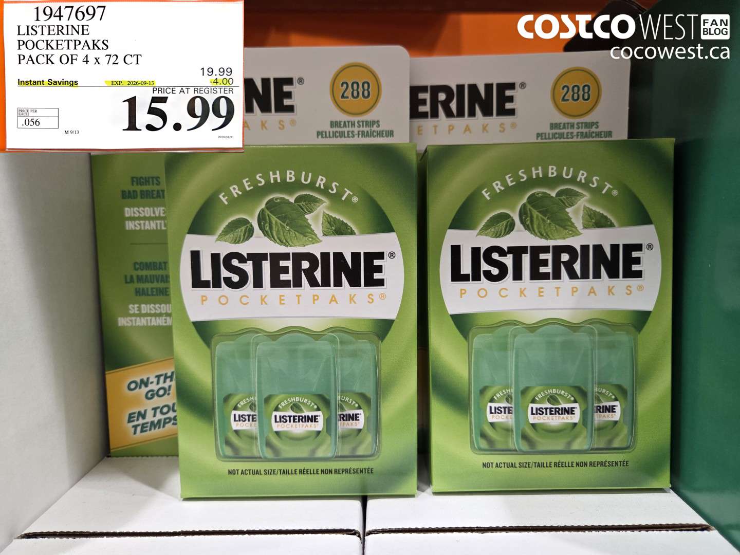 1947697 LISTERINE POCKETPAKS PACK OF 4 X 72 CT ($4.00 INSTANT SAVINGS EXPIRES ON 2026-09-13) $15.99