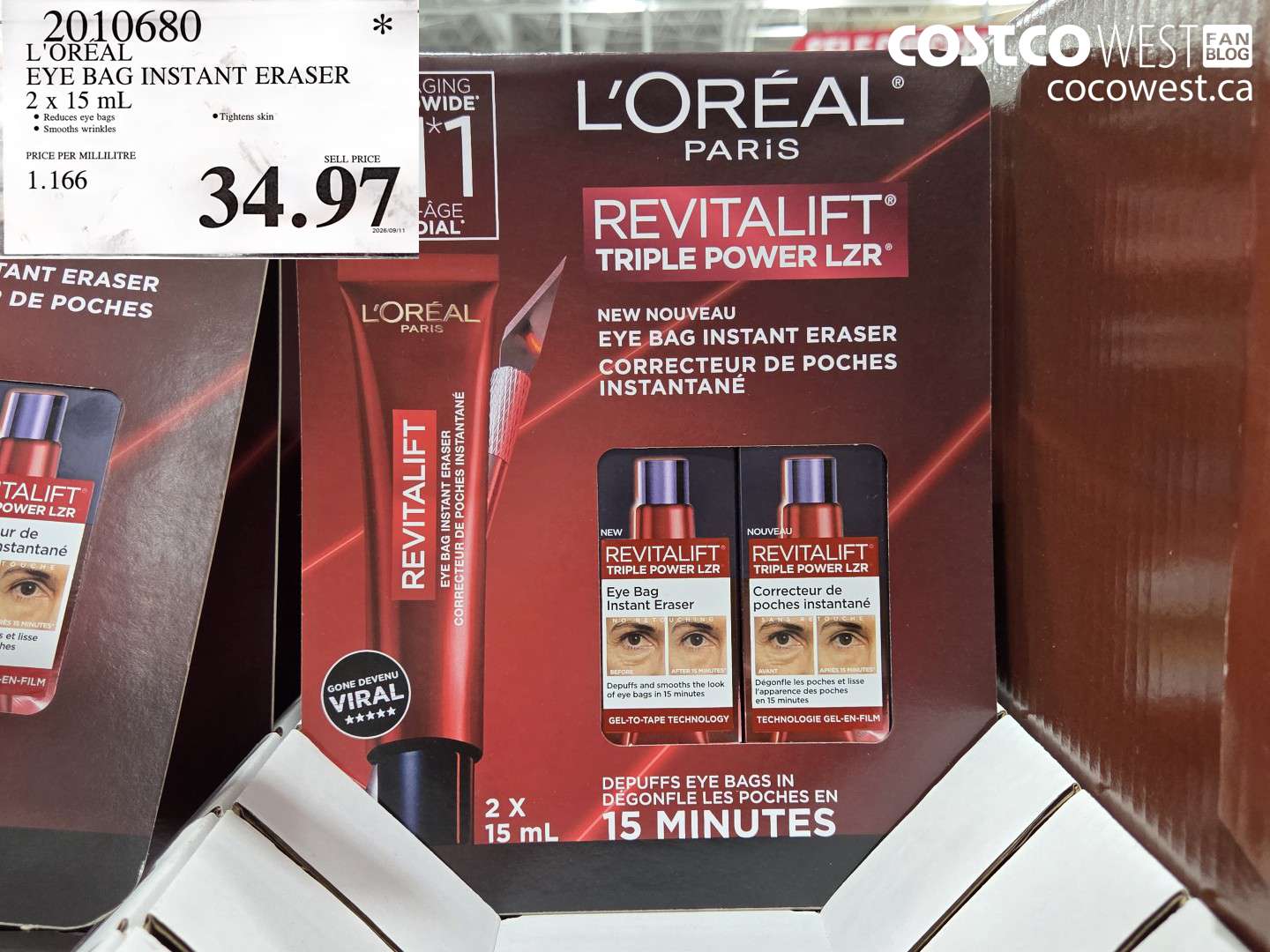 2010680 L'OREAL EYE BAG INSTANT ERASER 2 X 15 ML $34.97