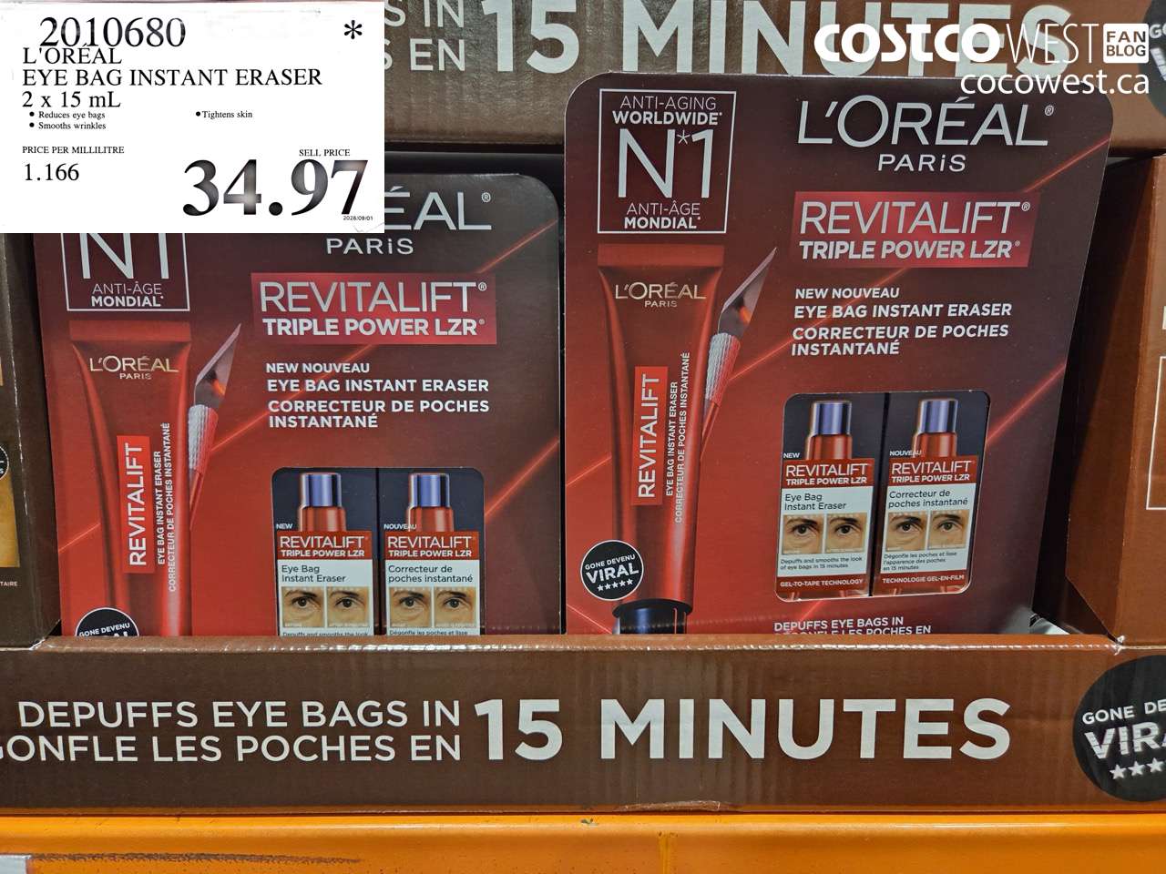 2010680 L'ORÉAL EYE BAG INSTANT ERASER 2 X 15 ML $34.97
