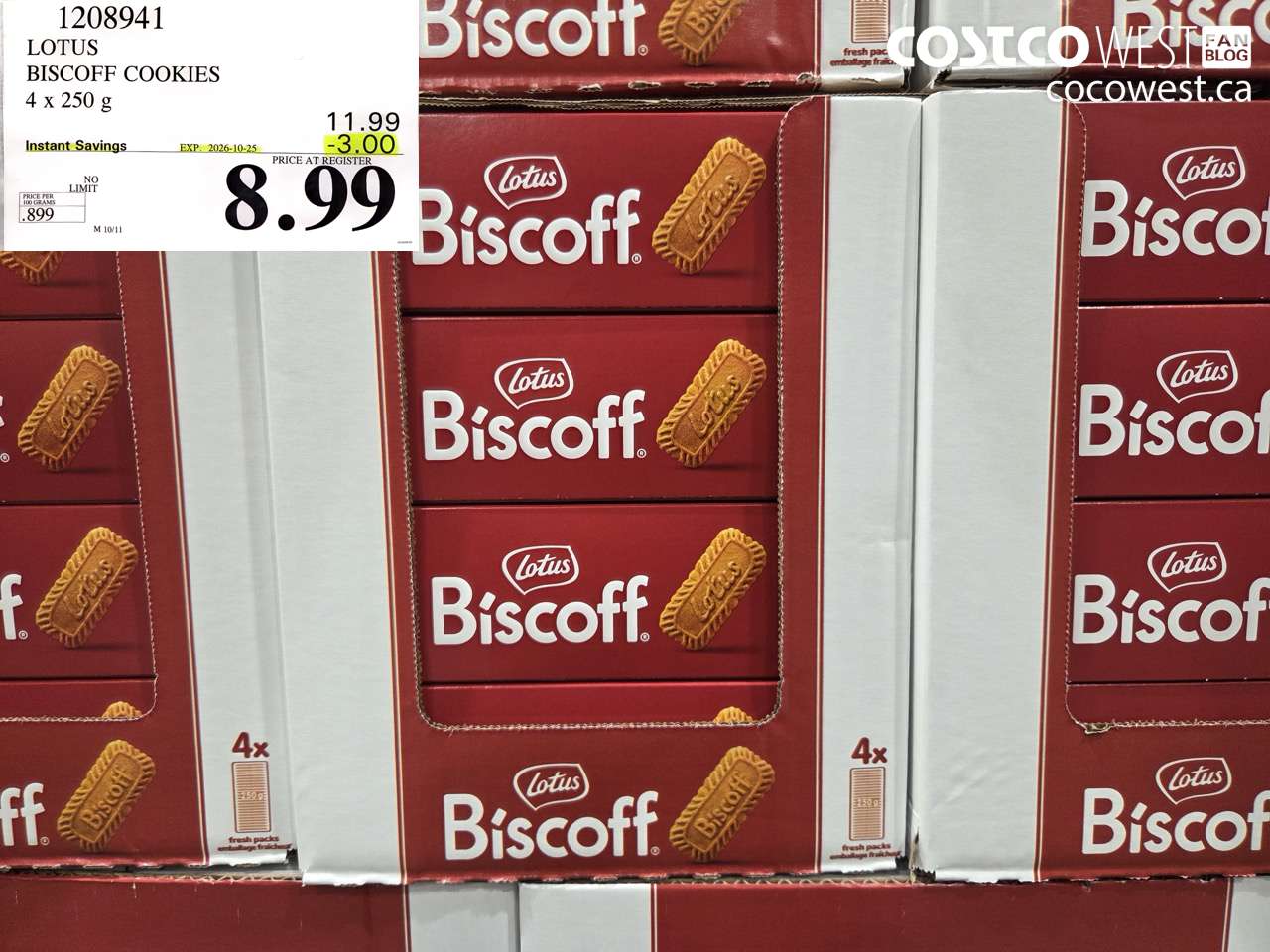 1208941 LOTUS BISCOFF COOKIES 4 X 250 G ($3.00 INSTANT SAVINGS EXPIRES ON 2026-10-25) $8.99