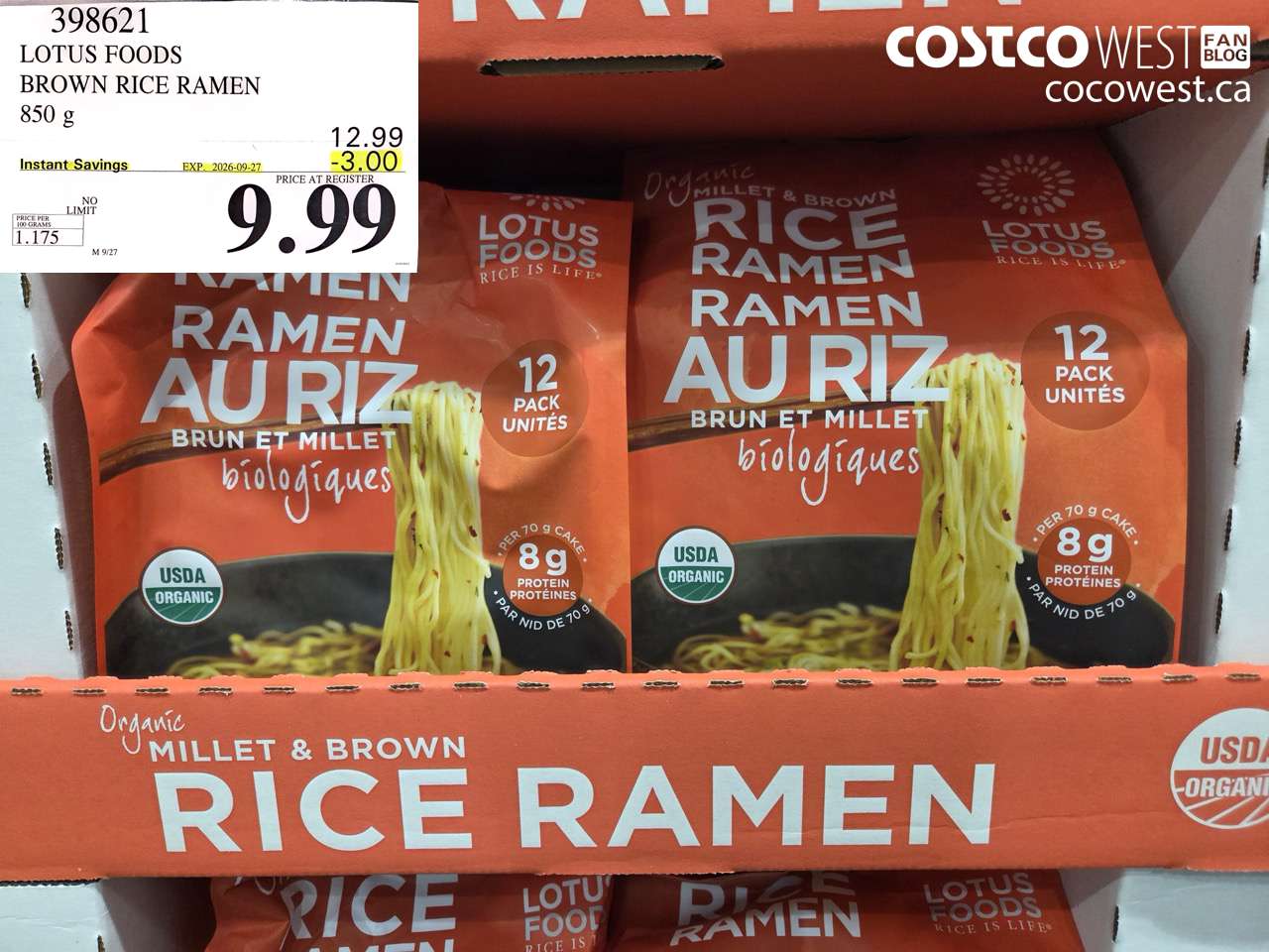 398621 LOTUS FOODS BROWN RICE RAMEN 850 G ($3.00 INSTANT SAVINGS EXPIRES ON 2026-09-27) $9.99