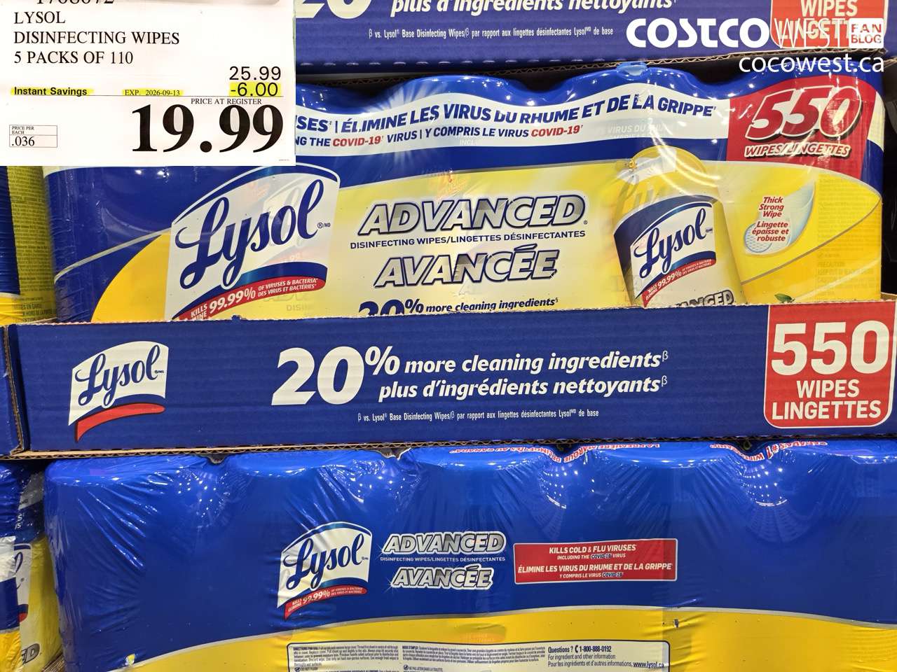 1788872 LYSOL DISINFECTING WIPES 5 PACKS OF 110 ($6.00 INSTANT SAVINGS EXPIRES ON 2026-09-13) $19.99