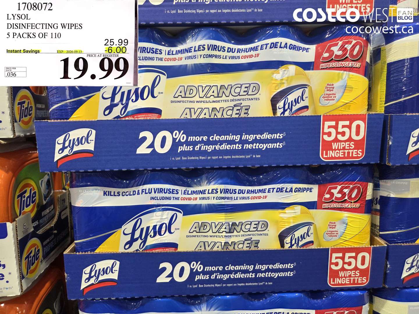 1708072 LYSOL DISINFECTING WIPES 5 PACKS OF 110 ($6.00 INSTANT SAVINGS EXPIRES ON 2026-09-13) $19.99