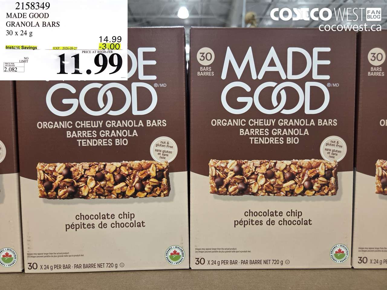 2158349 MADE GOOD GRANOLA BARS 30 X 24 G ($3.00 INSTANT SAVINGS EXPIRES ON 2026-09-27) $11.99