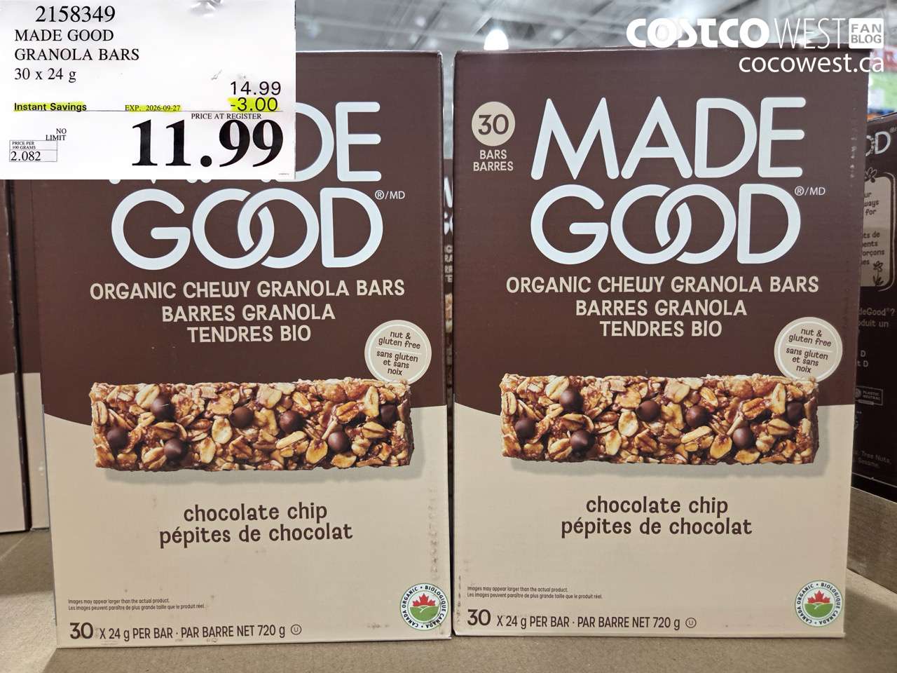 2158349 MADE GOOD GRANOLA BARS 30 X 24 G ($3.00 INSTANT SAVINGS EXPIRES ON 2026-09-27) $11.99