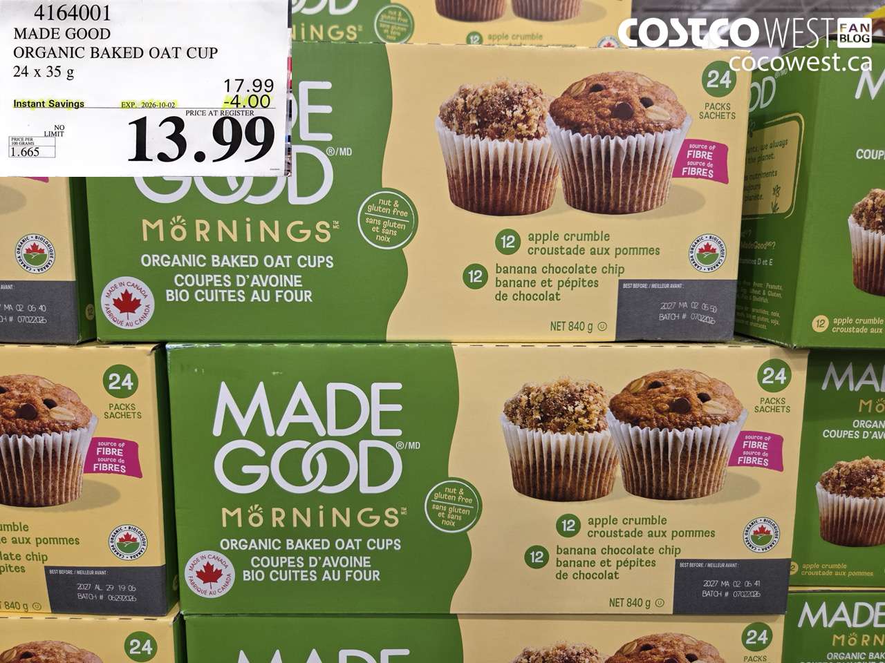 4164001 MADE GOOD ORGANIC BAKED OAT CUP 24 X 35 G ($4.00 INSTANT SAVINGS EXPIRES ON 2026-10-02) $13.99