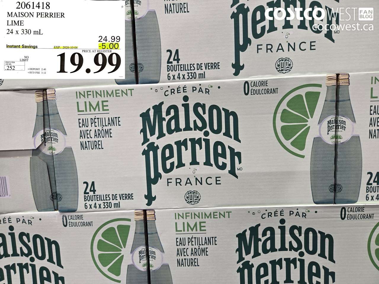 2061418 MAISON PERRIER LIME 24 X 330 ML ($5.00 INSTANT SAVINGS EXPIRES ON 2026-10-04) $19.99