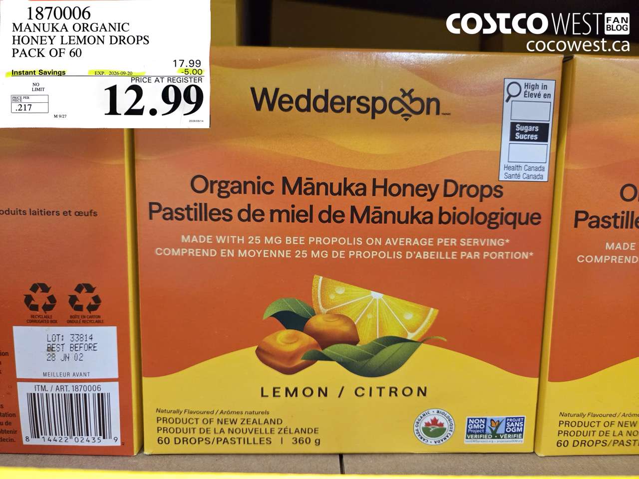 1870006 MANUKA ORGANIC HONEY LEMON DROPS PACK OF 60 ($5.00 INSTANT SAVINGS EXPIRES ON 2026-09-20) $12.99