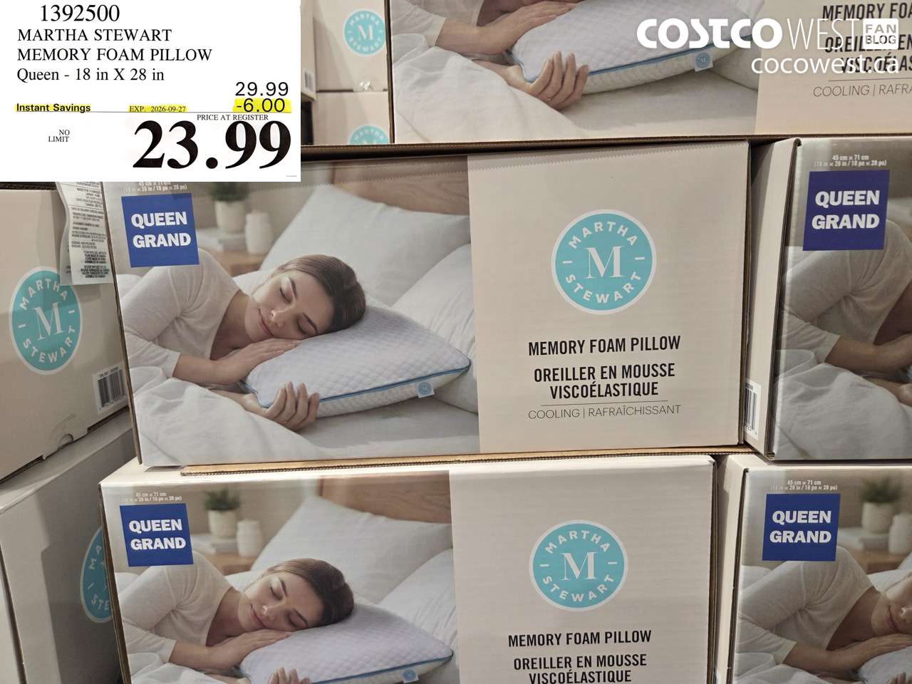 1392500 MARTHA STEWART MEMORY FOAM PILLOW QUEEN 18 IN X 28 IN ($6.00 INSTANT SAVINGS EXPIRES ON 2026-09-27) $23.99