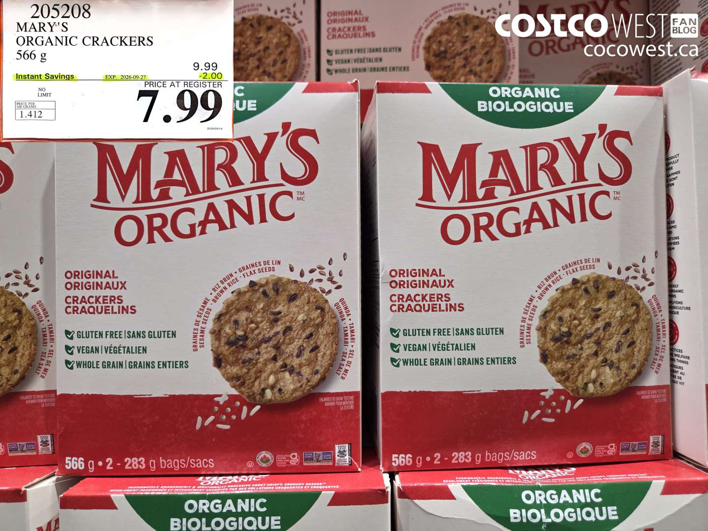205208 MARY'S ORGANIC CRACKERS 566 G ($2.00 INSTANT SAVINGS EXPIRES ON 2026-09-27) $7.99