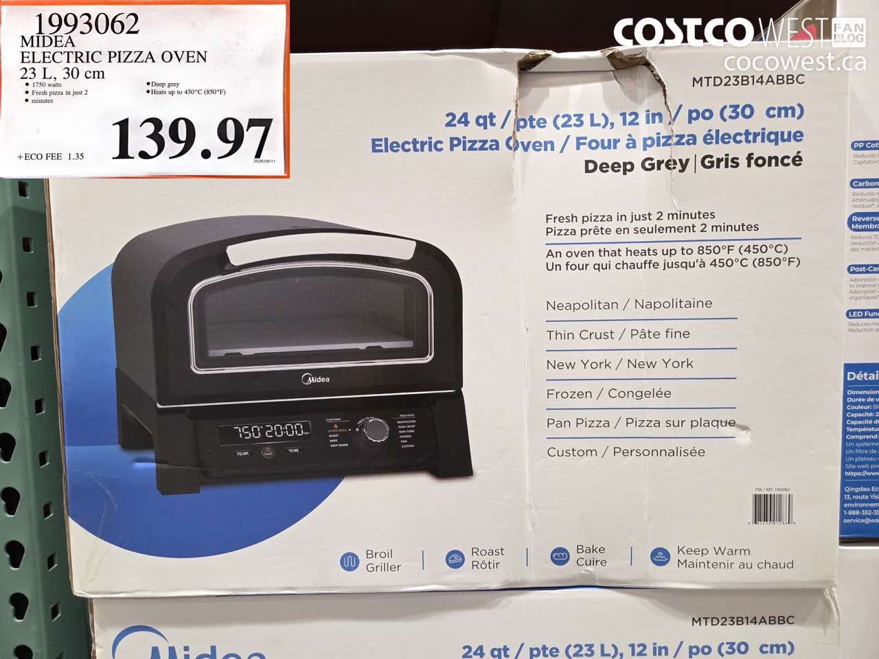 1993062 MIDEA ELECTRIC PIZZA OVEN 23 L, 30 CM $139.97