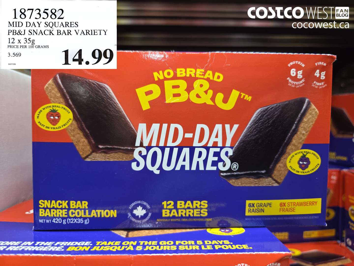 1873582 MID DAY SQUARES PB&J SNACK BAR VARIETY 12 X 35G $14.99