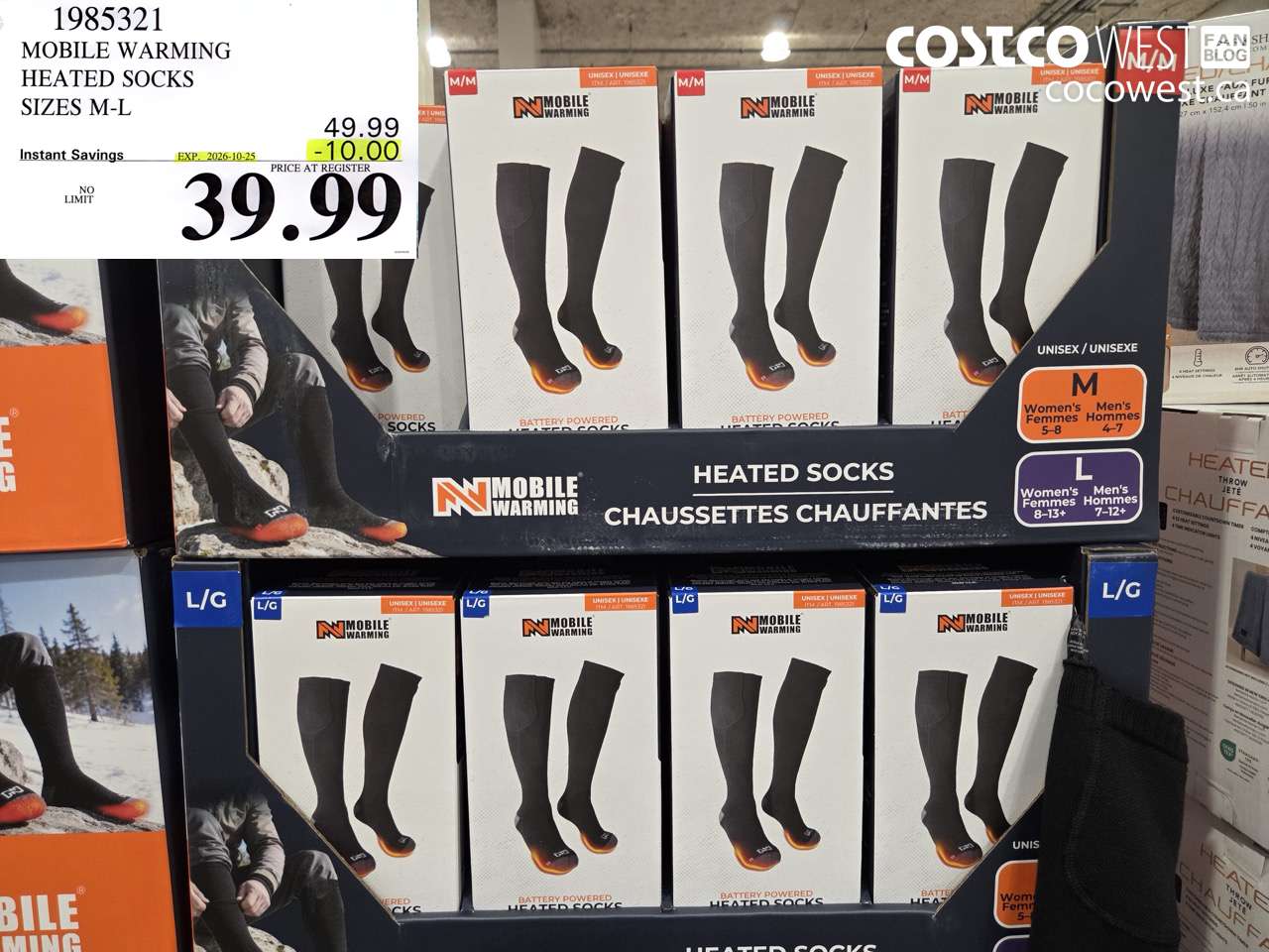 1985321 MOBILE WARMING HEATED SOCKS SIZES M-L ($10.00 INSTANT SAVINGS EXPIRES ON 2026-10-25) $39.99